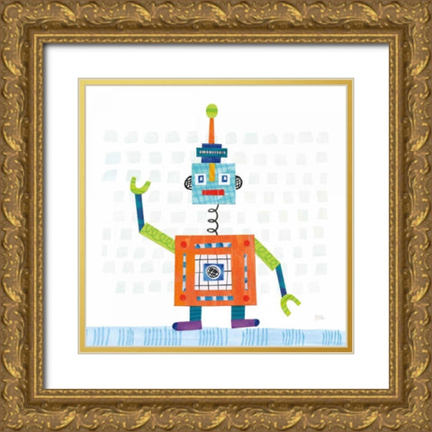 Robot Party III on Squares Gold Ornate Wood Framed Art Print with Double Matting by Averinos, Melissa