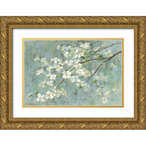 Dogwood in Spring on Blue Gold Ornate Wood Framed Art Print with Double Matting by Nai, Danhui