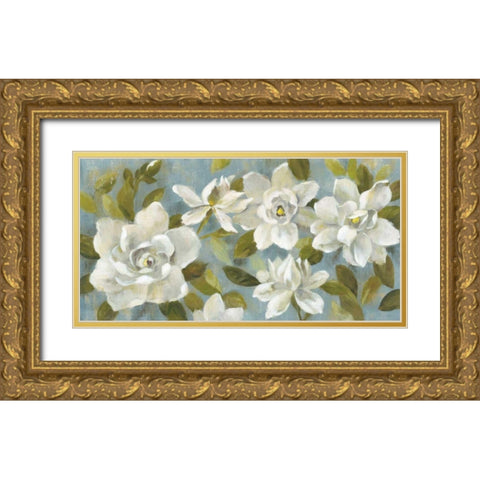 Gardenias on Slate Blue Gold Ornate Wood Framed Art Print with Double Matting by Vassileva, Silvia