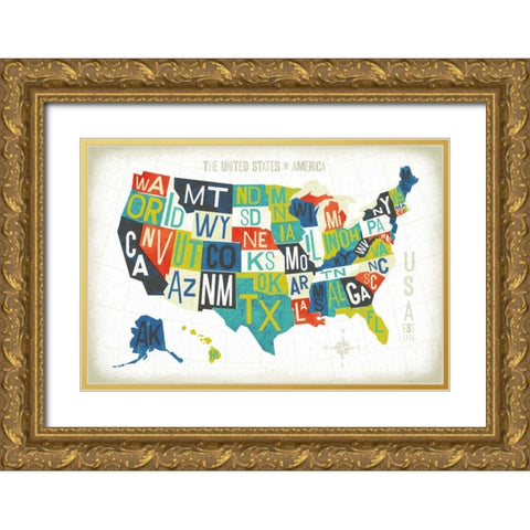 Letterpress USA Map Gold Ornate Wood Framed Art Print with Double Matting by Mullan, Michael