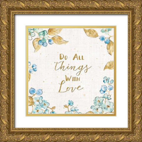 Blue Blossom V Gold Ornate Wood Framed Art Print with Double Matting by Pela