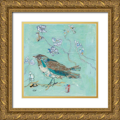 Aqua Bird with Teal Gold Ornate Wood Framed Art Print with Double Matting by Day, Kellie