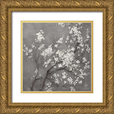 White Cherry Blossoms I on Grey Crop Gold Ornate Wood Framed Art Print with Double Matting by Nai, Danhui