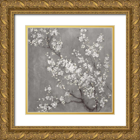 White Cherry Blossoms II on Grey Crop Gold Ornate Wood Framed Art Print with Double Matting by Nai, Danhui