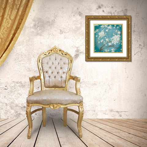 White Cherry Blossoms I on Teal Aged no Bird Gold Ornate Wood Framed Art Print with Double Matting by Nai, Danhui