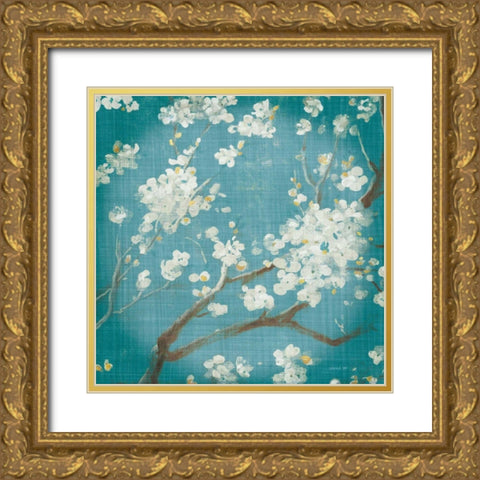 White Cherry Blossoms I on Teal Aged no Bird Gold Ornate Wood Framed Art Print with Double Matting by Nai, Danhui