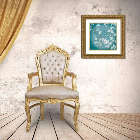 White Cherry Blossoms II on Teal Aged no Bird Gold Ornate Wood Framed Art Print with Double Matting by Nai, Danhui