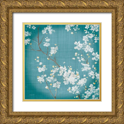 White Cherry Blossoms II on Teal Aged no Bird Gold Ornate Wood Framed Art Print with Double Matting by Nai, Danhui
