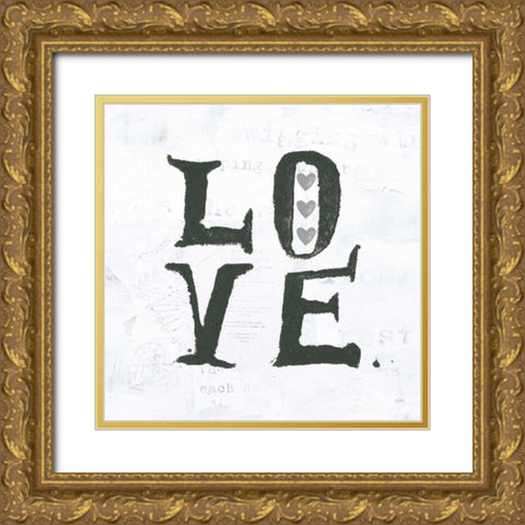 Love Gray Hearts Gold Ornate Wood Framed Art Print with Double Matting by Day, Kellie