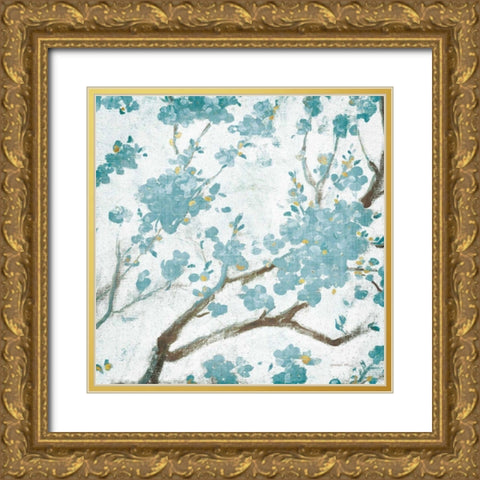 Teal Cherry Blossoms I on Cream Aged no Bird Gold Ornate Wood Framed Art Print with Double Matting by Nai, Danhui