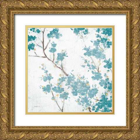 Teal Cherry Blossoms II on Cream Aged no Bird Gold Ornate Wood Framed Art Print with Double Matting by Nai, Danhui