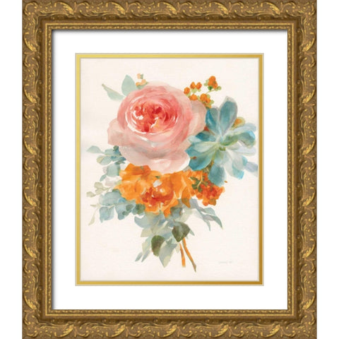 Garden Bouquet II Orange Red Gold Ornate Wood Framed Art Print with Double Matting by Nai, Danhui