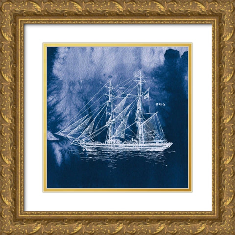 Sailing Ships IV Indigo Gold Ornate Wood Framed Art Print with Double Matting by Wild Apple Portfolio