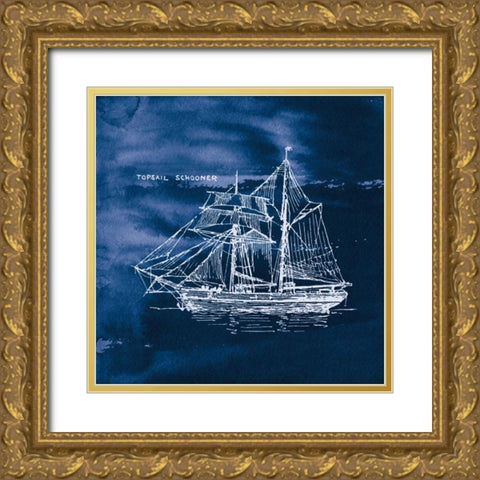 Sailing Ships V Indigo Gold Ornate Wood Framed Art Print with Double Matting by Wild Apple Portfolio