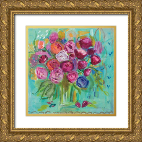 Pink Peonies Gold Ornate Wood Framed Art Print with Double Matting by Zaman, Farida