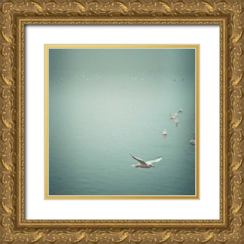 Soul Birds Harbor Gray Gold Ornate Wood Framed Art Print with Double Matting by Bevan, Keri
