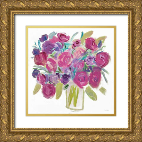 Pink Roses on White Gold Ornate Wood Framed Art Print with Double Matting by Zaman, Farida