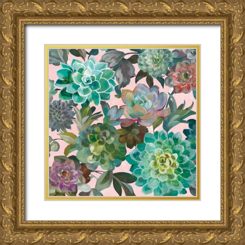 Floral Succulents v2 Crop on Pink Gold Ornate Wood Framed Art Print with Double Matting by Nai, Danhui