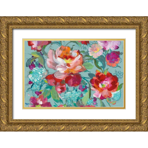 Bright Floral Medley Crop Turquoise Gold Ornate Wood Framed Art Print with Double Matting by Nai, Danhui