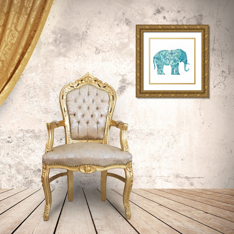 Boho Teal Elephant I Gold Ornate Wood Framed Art Print with Double Matting by Nai, Danhui