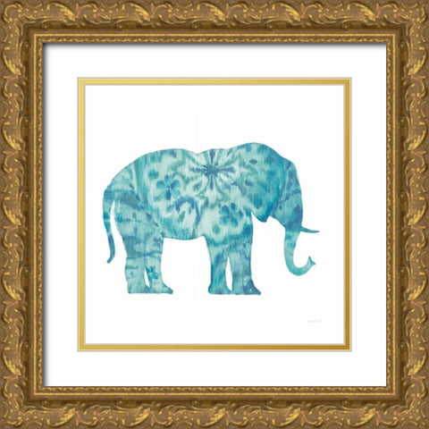 Boho Teal Elephant I Gold Ornate Wood Framed Art Print with Double Matting by Nai, Danhui