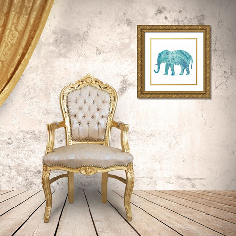 Boho Teal Elephant II Gold Ornate Wood Framed Art Print with Double Matting by Nai, Danhui