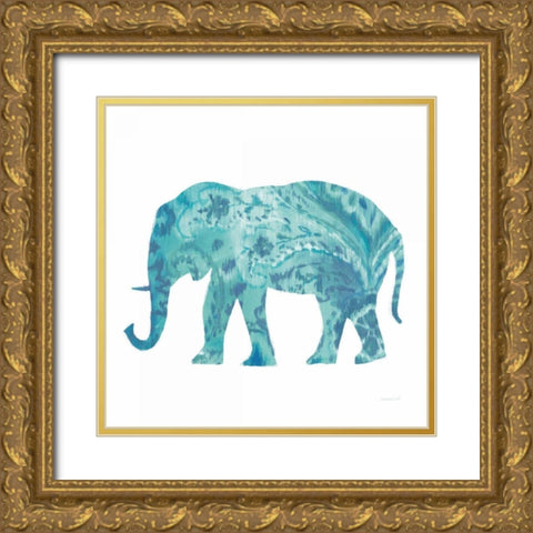 Boho Teal Elephant II Gold Ornate Wood Framed Art Print with Double Matting by Nai, Danhui