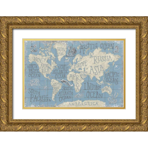 Mythical Map I Blue Gold Ornate Wood Framed Art Print with Double Matting by Urban, Mary