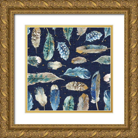 Indigold Feathers Indigo Gold Ornate Wood Framed Art Print with Double Matting by Audit, Lisa