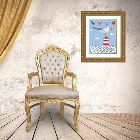 Coastal Bird I Flags on Blue Gold Ornate Wood Framed Art Print with Double Matting by Zaman, Farida