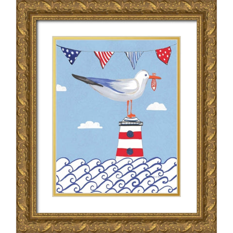 Coastal Bird I Flags on Blue Gold Ornate Wood Framed Art Print with Double Matting by Zaman, Farida