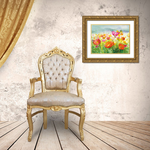 Meadow Poppies Gold Ornate Wood Framed Art Print with Double Matting by Nai, Danhui