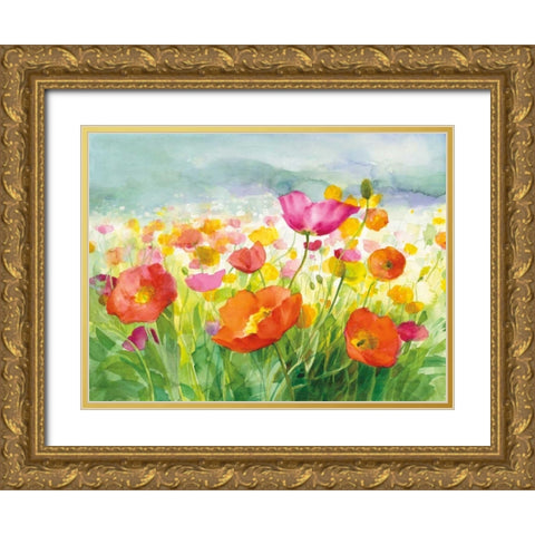 Meadow Poppies Gold Ornate Wood Framed Art Print with Double Matting by Nai, Danhui