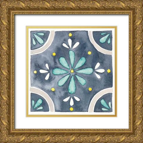 Garden Getaway Tile I Blue Gold Ornate Wood Framed Art Print with Double Matting by Marshall, Laura