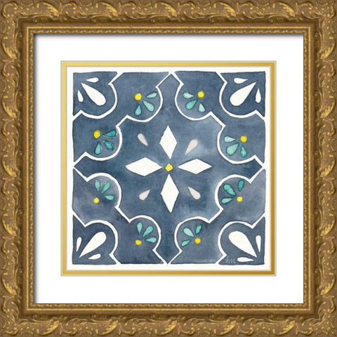 Garden Getaway Tile II Blue Gold Ornate Wood Framed Art Print with Double Matting by Marshall, Laura