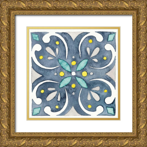 Garden Getaway Tile IV Blue Gold Ornate Wood Framed Art Print with Double Matting by Marshall, Laura