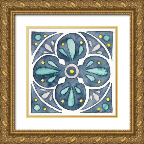 Garden Getaway Tile VI Blue Gold Ornate Wood Framed Art Print with Double Matting by Marshall, Laura