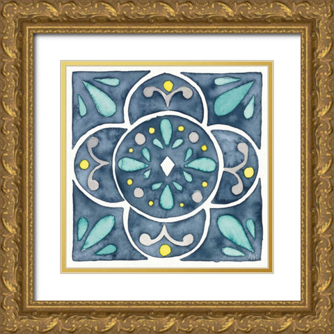 Garden Getaway Tile VII Blue Gold Ornate Wood Framed Art Print with Double Matting by Marshall, Laura
