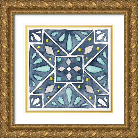 Garden Getaway Tile IX Blue Gold Ornate Wood Framed Art Print with Double Matting by Marshall, Laura