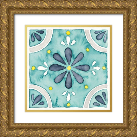 Garden Getaway Tile I Teal Gold Ornate Wood Framed Art Print with Double Matting by Marshall, Laura