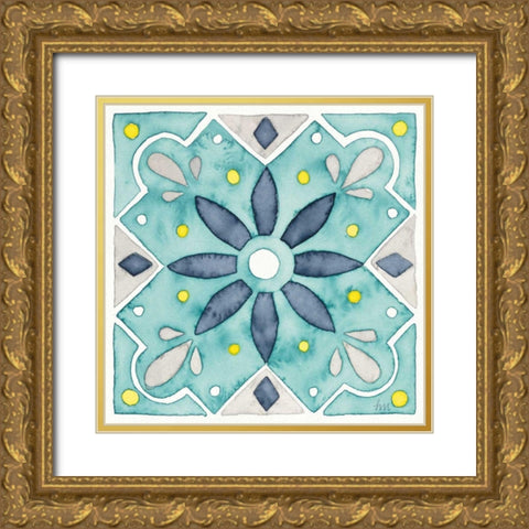 Garden Getaway Tile V Teal Gold Ornate Wood Framed Art Print with Double Matting by Marshall, Laura