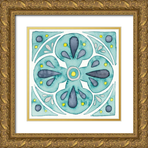 Garden Getaway Tile VI Teal Gold Ornate Wood Framed Art Print with Double Matting by Marshall, Laura