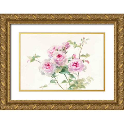 Sweet Roses on White Green Gold Ornate Wood Framed Art Print with Double Matting by Nai, Danhui