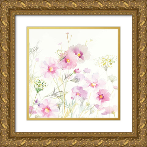 Queen Annes Lace and Cosmos on White II Gold Ornate Wood Framed Art Print with Double Matting by Nai, Danhui