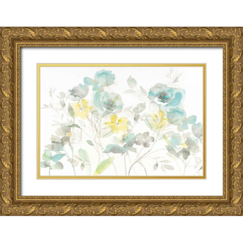 Aqua Roses Shadows Gold Ornate Wood Framed Art Print with Double Matting by Nai, Danhui