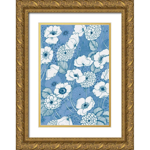 Pen and Ink Flowers on Blue Gold Ornate Wood Framed Art Print with Double Matting by Wild Apple Portfolio