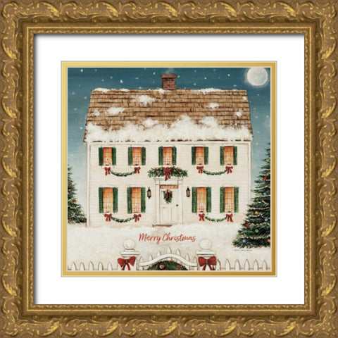 Merry Lil House Sq Merry Christmas Gold Ornate Wood Framed Art Print with Double Matting by Brown, David Carter