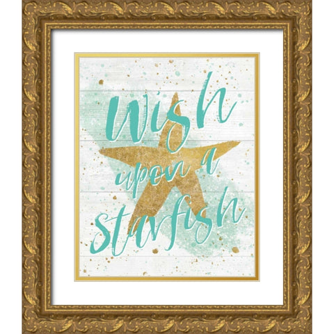 Silver Sea Life Aqua Starfish Shiplap Gold Ornate Wood Framed Art Print with Double Matting by Wild Apple Portfolio