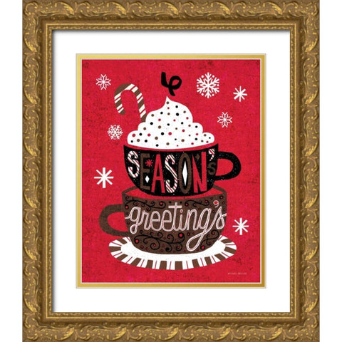 Festive Holiday Cocoa Seasons Greetings Gold Ornate Wood Framed Art Print with Double Matting by Mullan, Michael