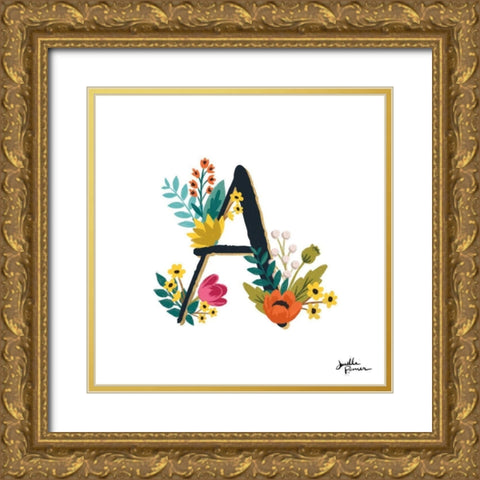 Romantic Luxe Monogram A Black Gold Ornate Wood Framed Art Print with Double Matting by Penner, Janelle
